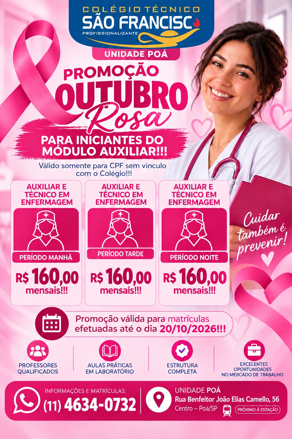 Promoção Outubro Rosa para iniciantes do módulo auxiliar na unidade Poá. Válida para matrículas até 20 de outubro de 2026.